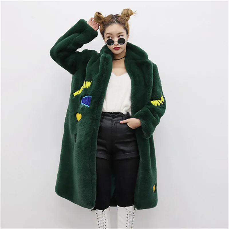 Imitation Fur Coat Bomber Smile Letters Embroidery Long Rabbit Fur Jacket Lapel Thick Flocking Cardigan Windbreaker Trench Coats
Imitation Fur Coat Bomber Smile Letters Embroidery Long Rabbit Fur Jacket Lapel Thick Flocking Cardigan Windbreaker Trench Coats