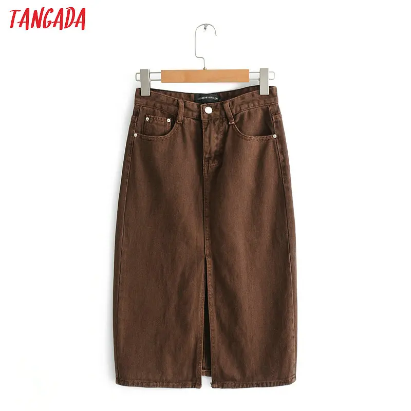 Tangada women brown denim skirts high waist button pockets jeans skirt retro street wear ladies knee length skirt FN39
Tangada women brown denim skirts high waist button pockets jeans skirt retro street wear ladies knee length skirt FN39