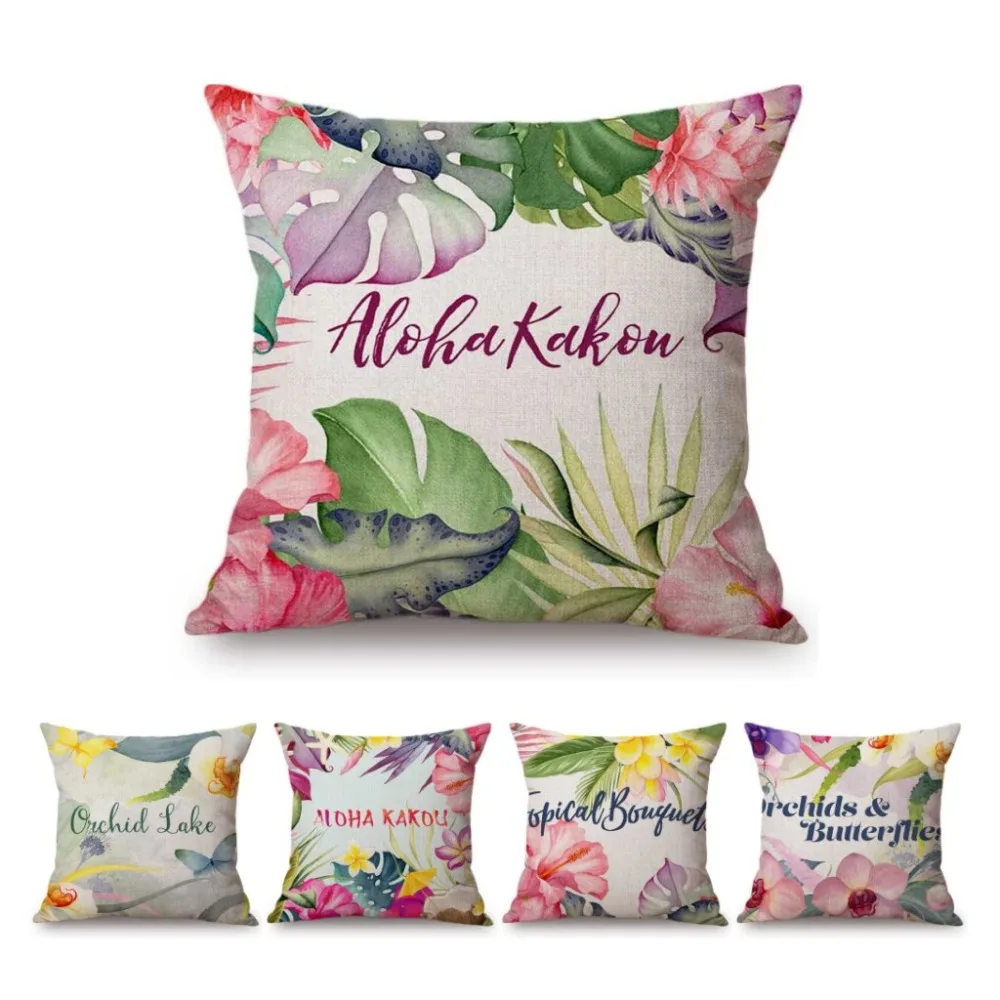 

18" Watercolor Tropical Floral Leaves Hawaii Bali Style Home Decorative Sofa Throw Pillow Case Cotton Linen Letter Cushion Cover