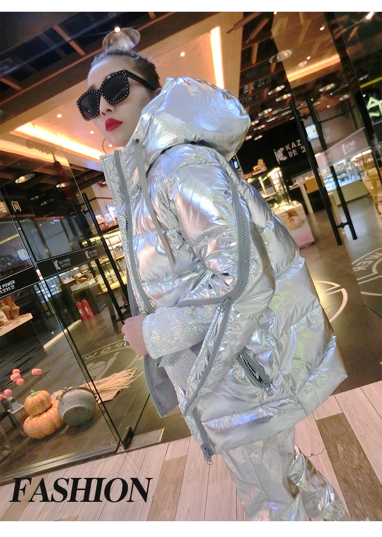 Women Winter Coat Silver Bright Loose Jackets Zipper Sleeve Korean Fashion Coats Hip-hop Cotton Hooded Winter Jacket 2018 CH621 (11)