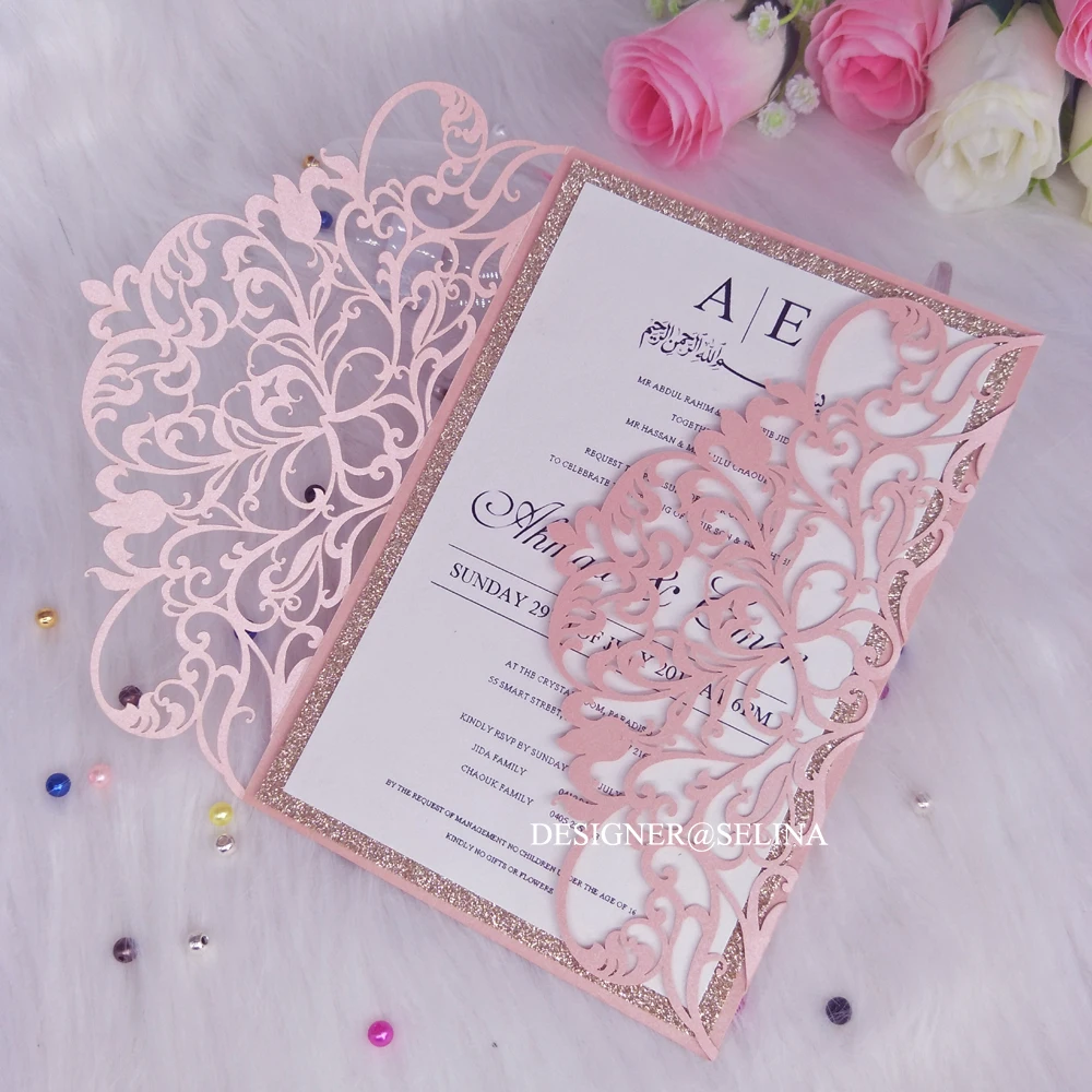 New Pink Floral Wedding Invitations with Rose Gold Glitter Bottom Laser Cut Graduation Party Invitation Sweet 15th Favor Invites
New Pink Floral Wedding Invitations with Rose Gold Glitter Bottom Laser Cut Graduation Party Invitation Sweet 15th Favor Invites