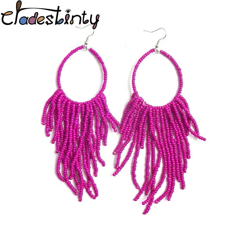 

Chadestinty Handmade Seed Beads Tassel Earrings Long Resin Dangle Earring Red Purple Statement Earing Bohemia Ethnic Jewelry