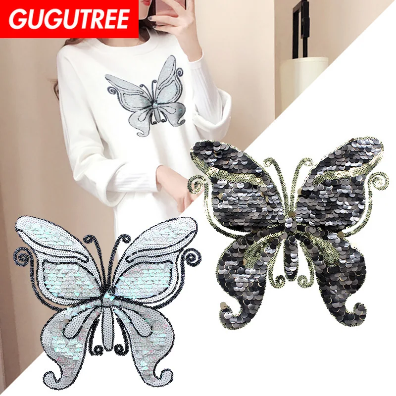 

GUGUTREE embroidery Sequins big buttlefly patches animal patches badges applique patches for clothing XC-291