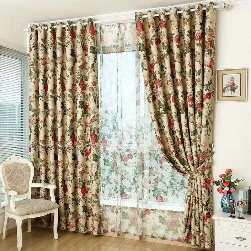 Window Curtain w/ Floral Print for Kitchen & Living Room