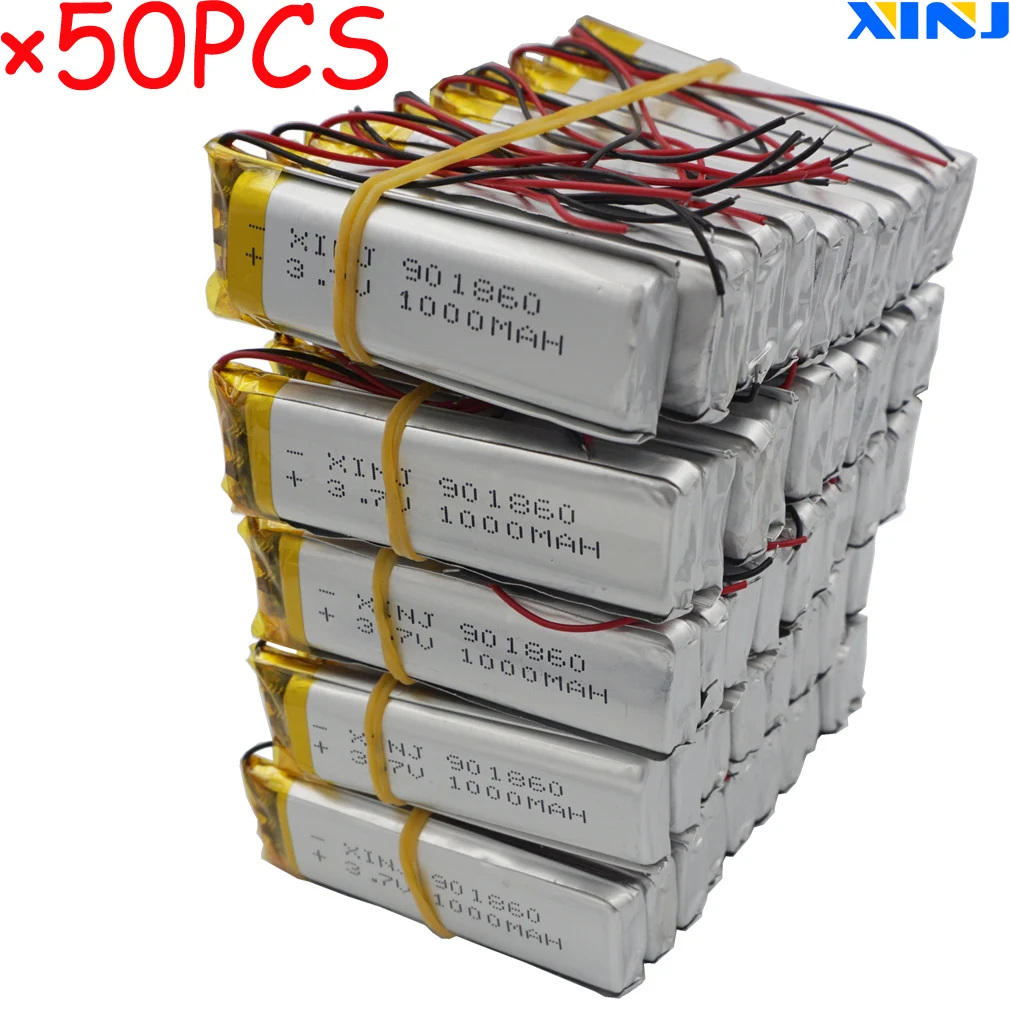 

XINJ 50pcs 3.7V 1000mAh Polymer Li Lithium Lipo Battery Cell 901860 For GPS Recorder Pen Driving DIY Camera Car DVR DVC LED