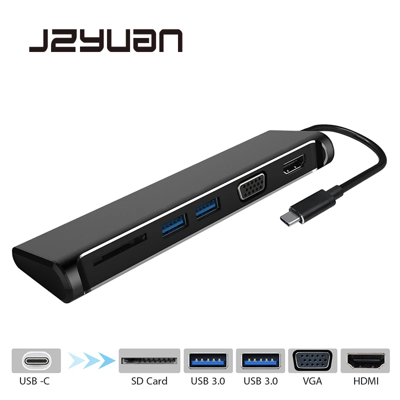 JZYuan 5 in 1 USB C Type C 3.1 Hub to HDMI 4K VGA 1080P With SD Card Reader Dual USB 3.0 Splitter Adapter USB-C Hub For Macbook
JZYuan 5 in 1 USB C Type C 3.1 Hub to HDMI 4K VGA 1080P With SD Card Reader Dual USB 3.0 Splitter Adapter USB-C Hub For Macbook