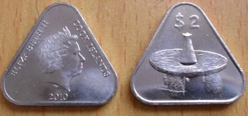 Cook Islands, $ 2 coin, triangular shaped coins, the 2010 edition, the Queen's head
Cook Islands, $ 2 coin, triangular shaped coins, the 2010 edition, the Queen's head