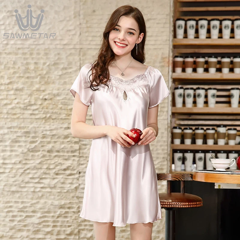 2019 Silk Sexy Night Dress Women Satin Lace Sleepwear Ladies V-neck Short Sleeve Nightgown Large Size Sexy Nightwear For Women
2019 Silk Sexy Night Dress Women Satin Lace Sleepwear Ladies V-neck Short Sleeve Nightgown Large Size Sexy Nightwear For Women