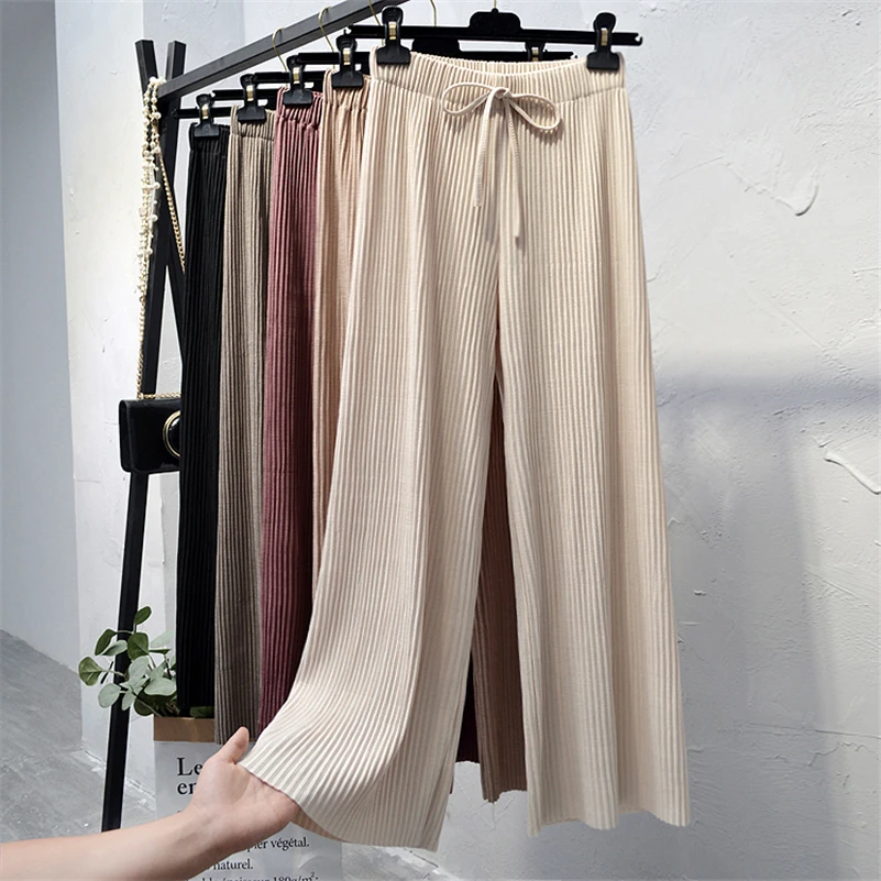New Women Ice Silk knitted Wide Leg Pants Summer Autumn Elastic High Waist Drawstring Trousers Female Casual Loose Pant SF1933
New Women Ice Silk knitted Wide Leg Pants Summer Autumn Elastic High Waist Drawstring Trousers Female Casual Loose Pant SF1933