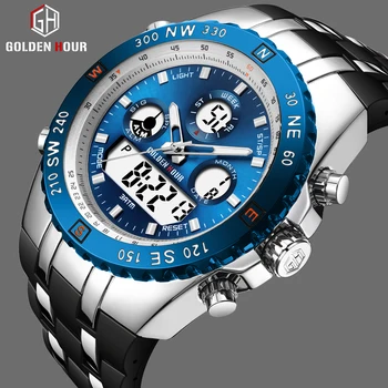 GOLDENHOUR Men Analog Digital Watches Fashion Silver Blue Quartz Watch Mens Luxury Business Wrist Watch Male Big Dial Clock
GOLDENHOUR Men Analog Digital Watches Fashion Silver Blue Quartz Watch Mens Luxury Business Wrist Watch Male Big Dial Clock
