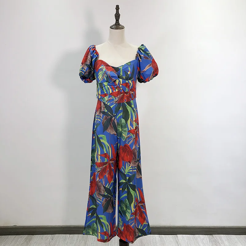 2019 summer holiday style tropical style print puff sleeve square collar wide leg jumpsuit female
2019 summer holiday style tropical style print puff sleeve square collar wide leg jumpsuit female