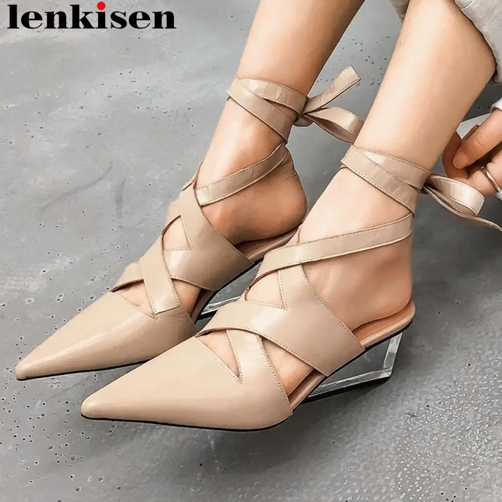 Lenkisen natural leather limited design wedges high heels lace up European style slingback women sandals pointed toe shoes Lm1
Lenkisen natural leather limited design wedges high heels lace up European style slingback women sandals pointed toe shoes Lm1