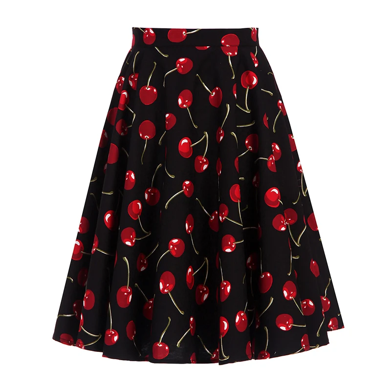 Kostlich 2017 Black Skirts Womens Cotton High Waist Cherry Print Elegant Midi Skirt Big Swing Hepburn 1950s Vintage Women Skirt (3)