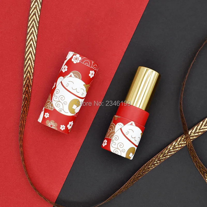 Empty Paper Lipstick Tube 12.1mm Empty Cosmetic Container Lucky Cat Lip Balm Tube Red Lucky Cat Papery Lipstick Container