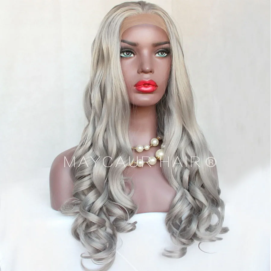 _0000_Maycaur Body Wave Wigs Plain Gray Color 180 Density Long Wave Synthetic Lace Front Wigs For Black Women Grey Hair