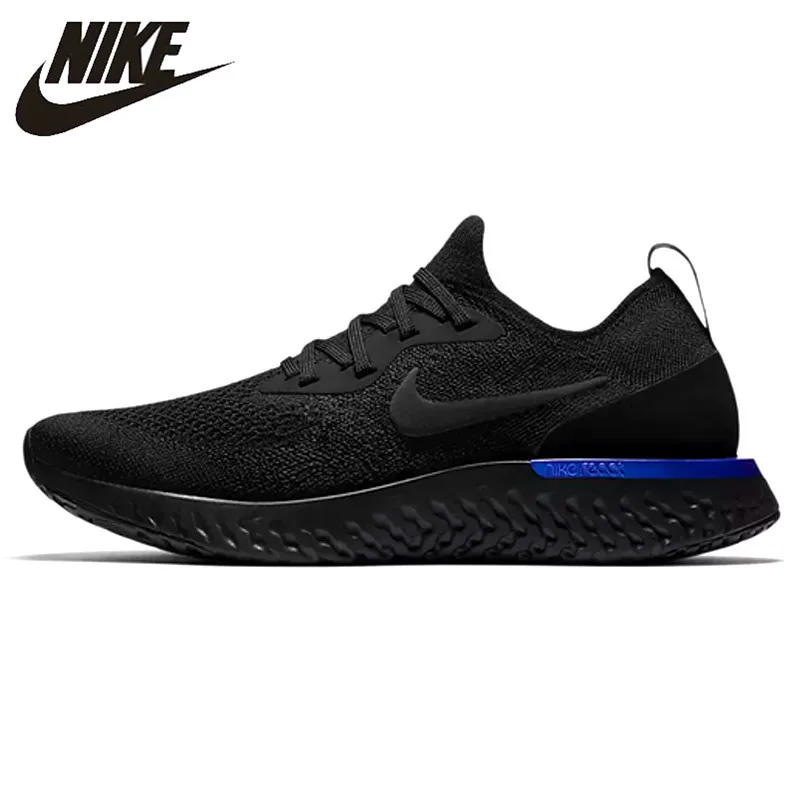 

Nike Epic React Flyknit Men's and Women's Running Shoes, Black & Blue, Breathable Non-slip Impact Resistant AQ0067 004