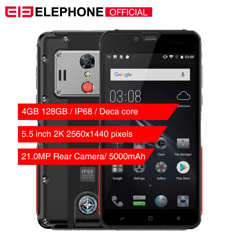 

Elephone Soldier IP68 Waterproof Mobile Phone Android 8.0 4GB 128GB 5.5'' 2K Helio X25 Deca Core 5000mAh 21MP rugged Smartphone