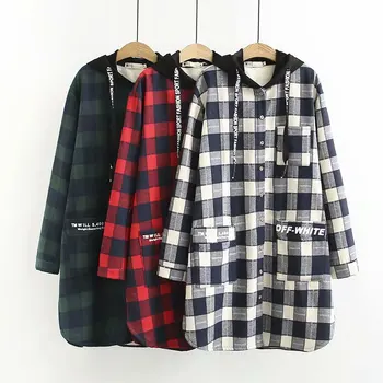 Autumn and winter new 2018 large size women's dress with plaid cartoon print cap shirt
Autumn and winter new 2018 large size women's dress with plaid cartoon print cap shirt