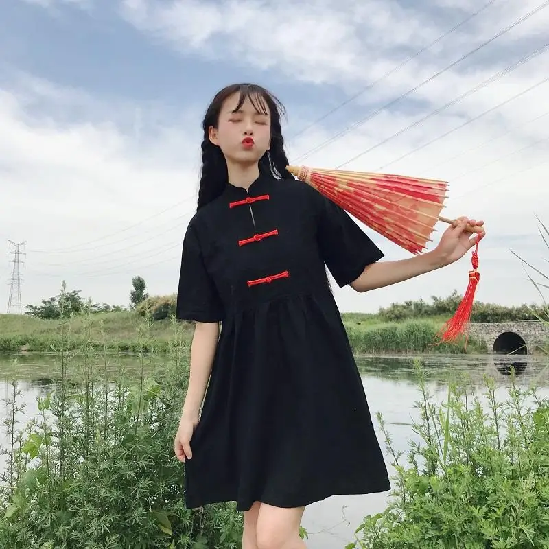 Винтажное летнее платье в китайском стиле женское Чонсам с пряжкой