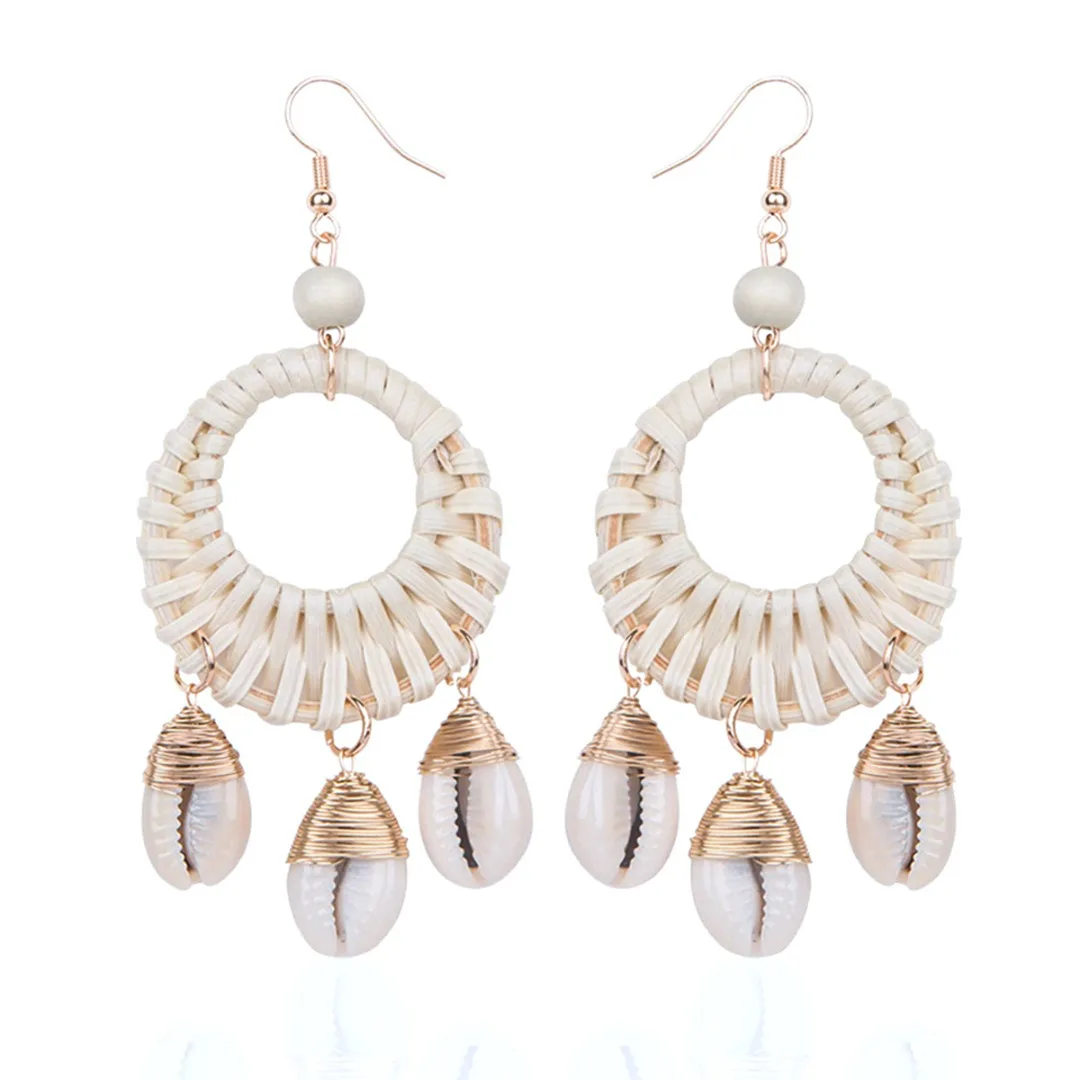 Boho Handmade Wooden Big Hollow Round Rattan Straw Weave Shell Drop Earring for Women Girl Korean Statement Wedding Jewelry
