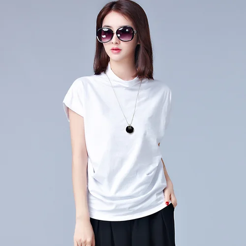 100% Cotton Blouse Solid Turtleneck Casual Fashion Women White Shirt Short Sleeve Loose 2018 Summer Tops 3XL Plus Size |