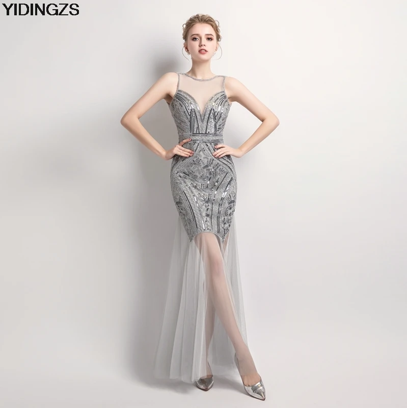 YIDINGZS Sexy Black Sequins Beaded Bridesmaid Dresses Long Formal Party Dress