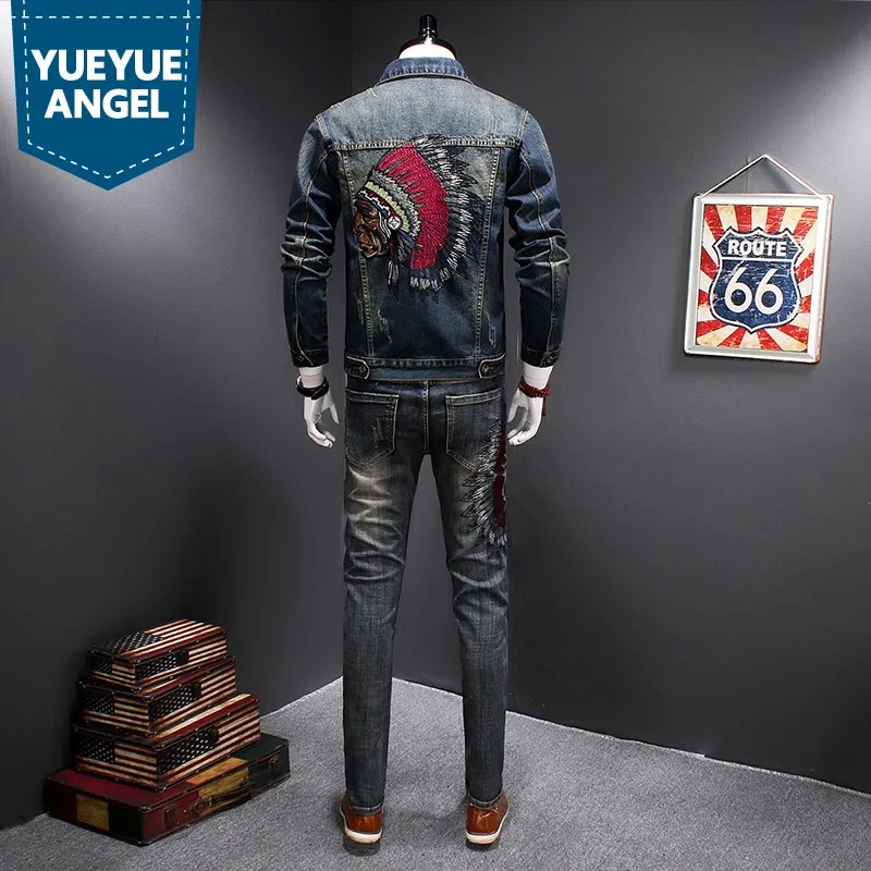 Top Quality Fashion Casual Mens Two Piece Outfits Embrodidery Vintage Jeans Coat Hole Ripped Slim Fit Full Length Denim Pants
Top Quality Fashion Casual Mens Two Piece Outfits Embrodidery Vintage Jeans Coat Hole Ripped Slim Fit Full Length Denim Pants