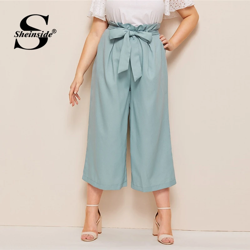 

Sheinside Plus Size Blue Paperbag Waist Pants Women 2019 Summer Pleated Mid Waist Crop Trousers Ladies Solid Belted Pants