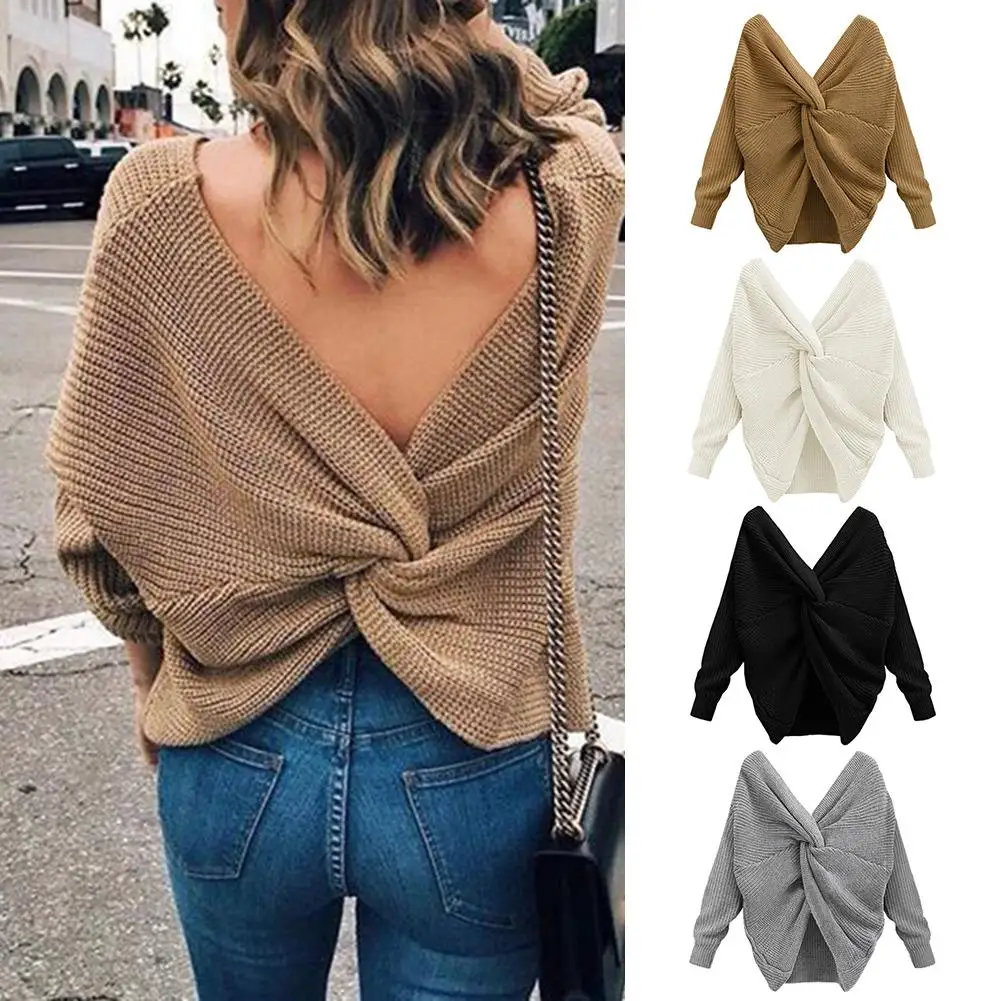Sexy Casual V-neck Backless Sweater Back Cross Loose All-matched Long-sleeved Sweater Batwing Sleeve Low Collar Wool Sweater
Sexy Casual V-neck Backless Sweater Back Cross Loose All-matched Long-sleeved Sweater Batwing Sleeve Low Collar Wool Sweater