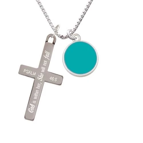 Small Teal Enamel Disc - She will not Fall - Cross Necklace (1)
