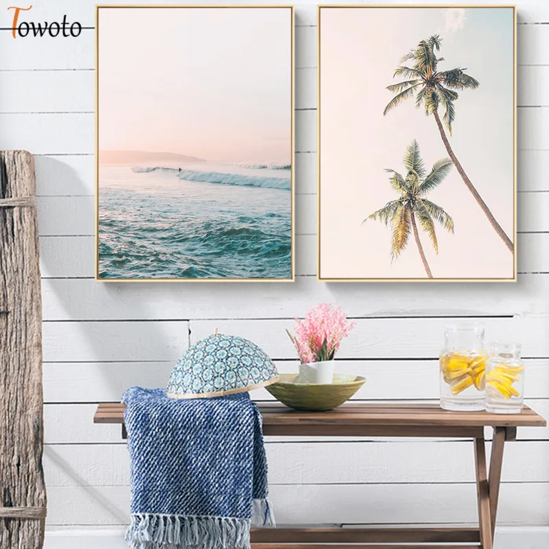 

Peach Beach Poster Palm Tree Prints Seascape Canvas Painting Surf Wall Art Nordic Decoration Wall Pictures for Living Room Decor