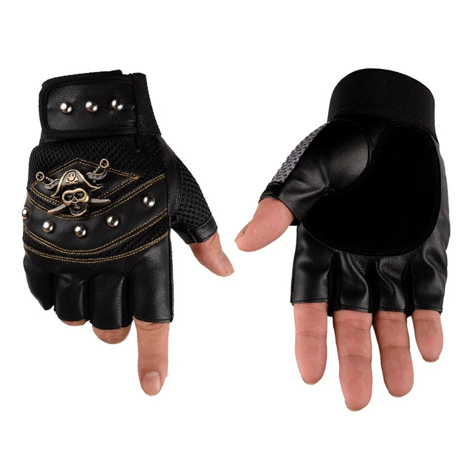 Bike Cycling Motorcycle Skull Skeleton Half Finger Fingerless Sport Gloves Large