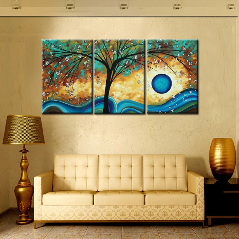 Image Free shipping Abstract Tree canvas painting Digital Prints blue sun raise painting Living room painting 3 piece canvas prints