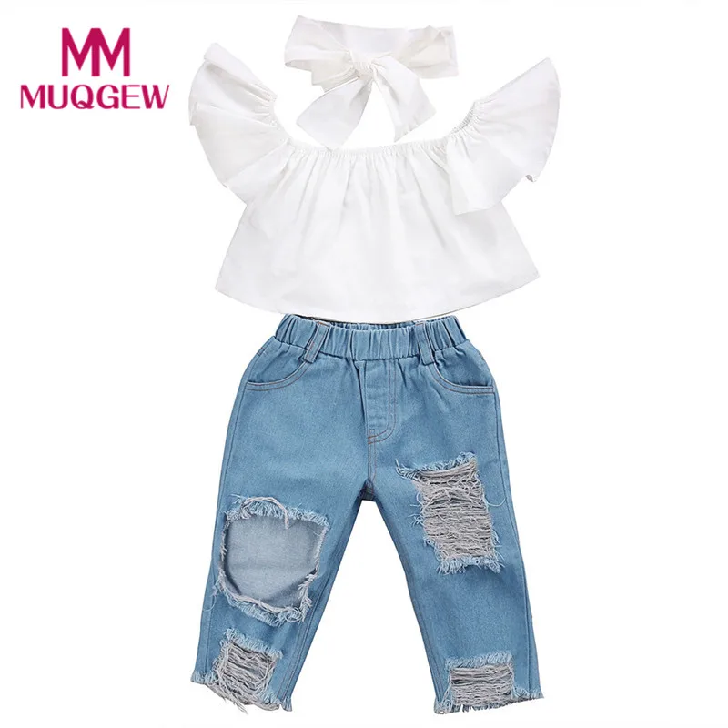 Baby Girls Summer Clothes Set Off shoulder Crop Tops T-shirt + Hole Denim Pant Jean +Headband Toddler Kids vetement enfant fille
Baby Girls Summer Clothes Set Off shoulder Crop Tops T-shirt + Hole Denim Pant Jean +Headband Toddler Kids vetement enfant fille