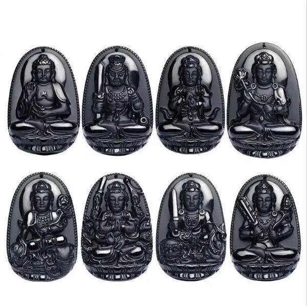 Natural Black Obsidian Lucky Amulet Pendant Necklace Carving Natal Buddha Eight Patron Saint Chinese Twelve Zodiac Jewelry | Украшения и