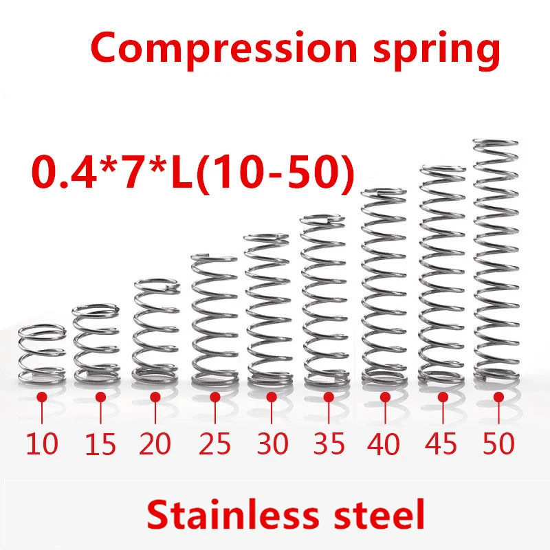 50pcs/lot 0.4*7*10/15/20/25/30/35/40/45/50mm spring 0.4mm stainless steel Micro small Compression spring
50pcs/lot 0.4*7*10/15/20/25/30/35/40/45/50mm spring 0.4mm stainless steel Micro small Compression spring