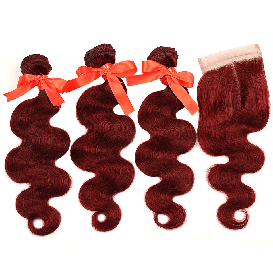 Pinshair Pre-Colored Bold Red 99J 3 Bundles With Closure Peruvian Body Wave Human Hair Weave Extension Non Remy 1 Pack No Tangle (7)