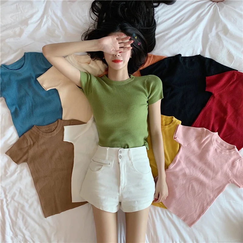 2019 summer new Korean version of the O-neck Slim short thin solid color wild short-sleeved knitted bottoming shirt female
2019 summer new Korean version of the O-neck Slim short thin solid color wild short-sleeved knitted bottoming shirt female