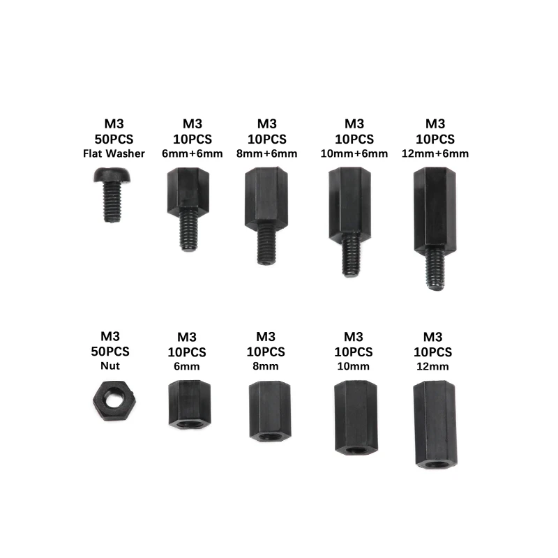 180PCS Black M3 Nylon Hex Spacers Male/Female Screws Nuts Stand-off Kit With Plastic Box For Electronics PC Board
180PCS Black M3 Nylon Hex Spacers Male/Female Screws Nuts Stand-off Kit With Plastic Box For Electronics PC Board