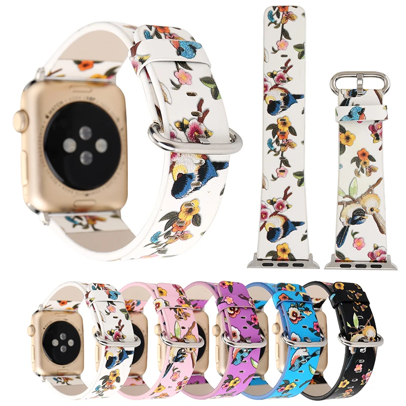 Ремешок для часов Apple Watch ремешок из натуральной кожи с цветочным узором и птицами Series 1 2 3 iWatch наручный