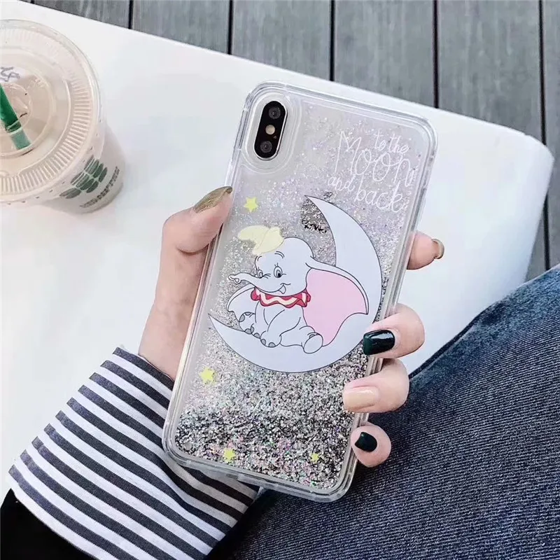 

GYKZ Cute Cartoon Dumbo Elephant Quicksand Phone Case For iPhone 7 XS MAX X XR 8 6 6s Plus Bling Glitter Clear Back Cover Fundas