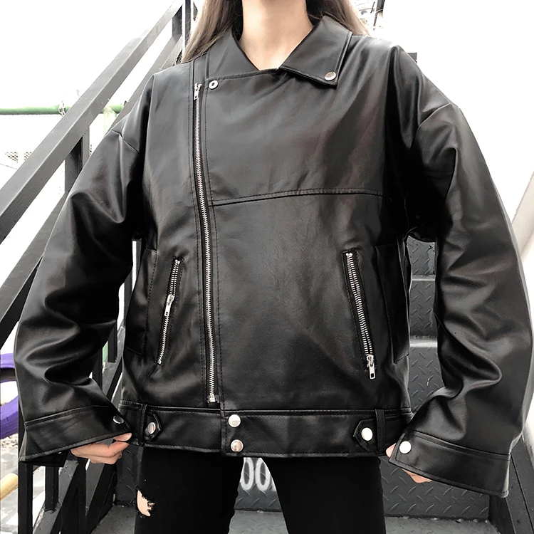 Oversize Women Pu Leather Black Jacket Winter Warm Punk Rock Biker Female Motocycle Jacket