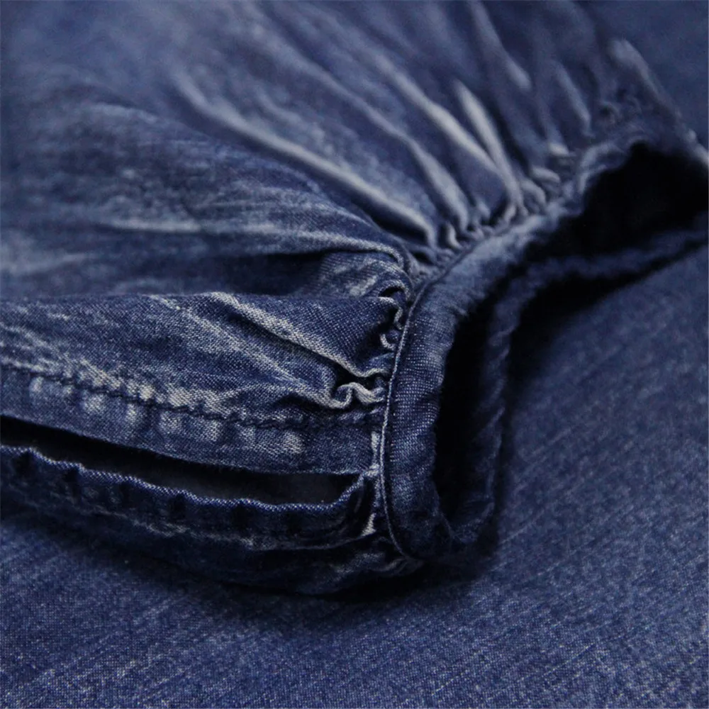 Vintage Adjustable Waist Summer Dress 2018 New Denim Women V-Neck Dresses Hollow out Lantern Sleeve Swing Hem Vestidos (116)