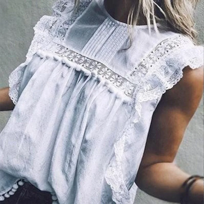 Hollow Out Women's Lace Sleeveless Shirt White Ruffles Sleeveless Patchwork O-Neck Feminine Blouse 2019 Summer Ladies Shirts Top
Hollow Out Women's Lace Sleeveless Shirt White Ruffles Sleeveless Patchwork O-Neck Feminine Blouse 2019 Summer Ladies Shirts Top