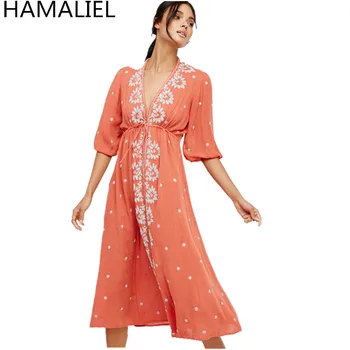 Bohemian Runway Summer Women Beach Dress 2018 Designer Orange Floral Embroidery Cotton Half Sleeve Sexy Deep V neck Ethnic Dress
Bohemian Runway Summer Women Beach Dress 2018 Designer Orange Floral Embroidery Cotton Half Sleeve Sexy Deep V neck Ethnic Dress