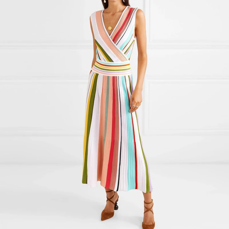 Rainbow Color Women Dress Summer Beach Outdoor Sleeveless Lady Dress Draped Party Wedding Sexy Striped Long Dress Clothing
Rainbow Color Women Dress Summer Beach Outdoor Sleeveless Lady Dress Draped Party Wedding Sexy Striped Long Dress Clothing