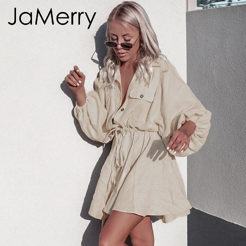 JaMerry Vintage solid lantern sleeve short mini dress Turndown collar lace up linen dresses Spring casual female dresses vestido
JaMerry Vintage solid lantern sleeve short mini dress Turndown collar lace up linen dresses Spring casual female dresses vestido