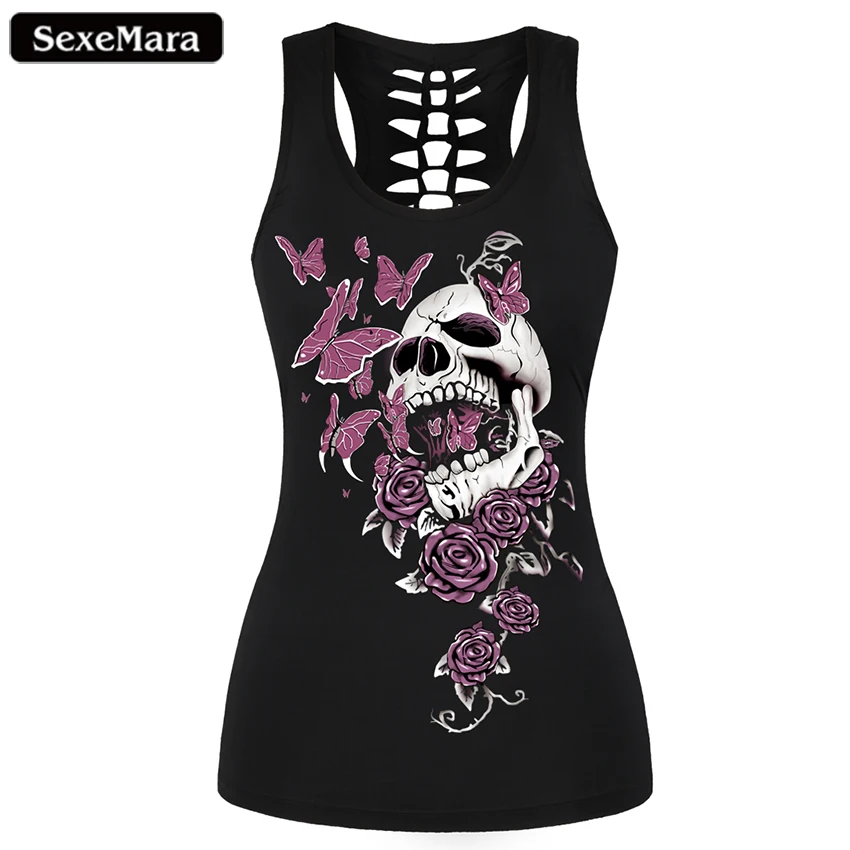 SexeMara 2018 Sexy Tank top women t-shirt black vest tops 3D print butterfly skull camisole knitted polyester
SexeMara 2018 Sexy Tank top women t-shirt black vest tops 3D print butterfly skull camisole knitted polyester