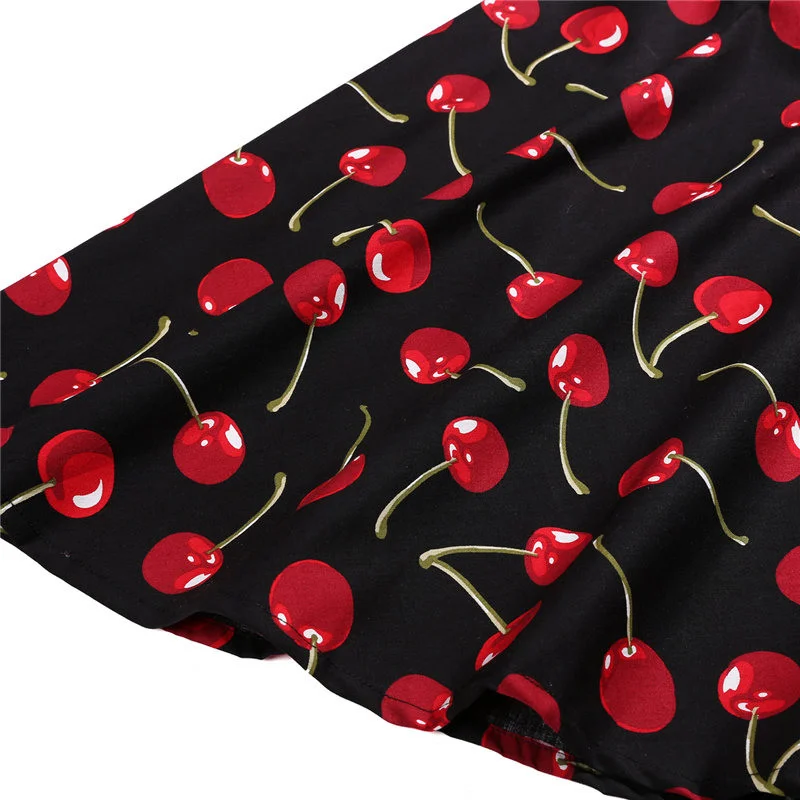 Kostlich 2017 Black Skirts Womens Cotton High Waist Cherry Print Elegant Midi Skirt Big Swing Hepburn 1950s Vintage Women Skirt (6)