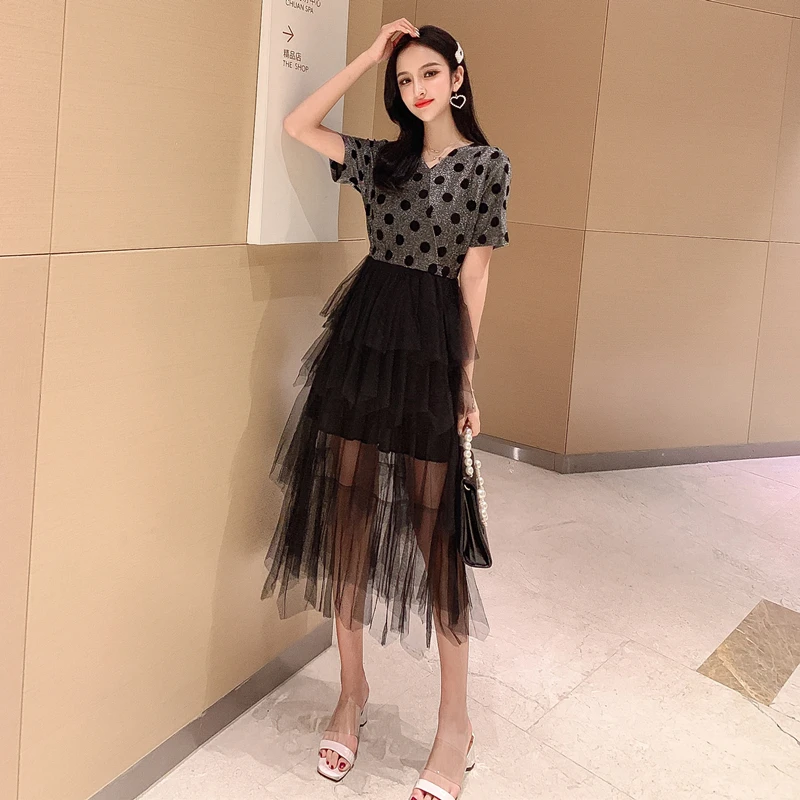 Pleated Tulle T shirt Dress Women Sliver Polka Dot Print V Neck Mesh A-Line Elastic Cute Summer Ladies Dress
Pleated Tulle T shirt Dress Women Sliver Polka Dot Print V Neck Mesh A-Line Elastic Cute Summer Ladies Dress